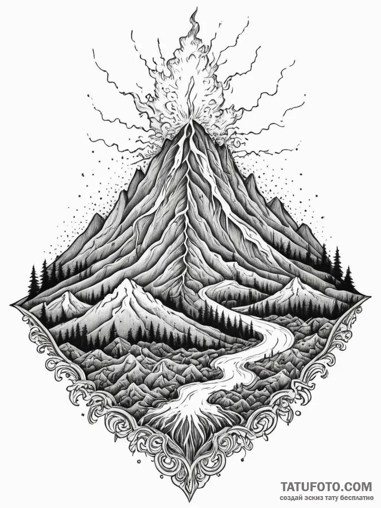 Volcano erupting with magma and lightning, ar... - эскиз тату (№1751704566_0, 05.07.2025 08:36) — Tatufoto.com