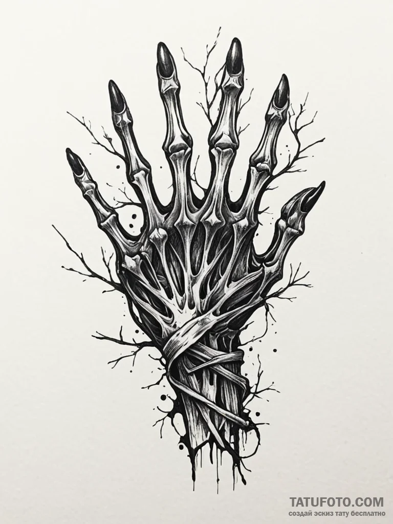 Black vines pulling skeletal hand, ink illust... - эскиз тату (№1751705278_0, 05.07.2025 08:47) — Tatufoto.com