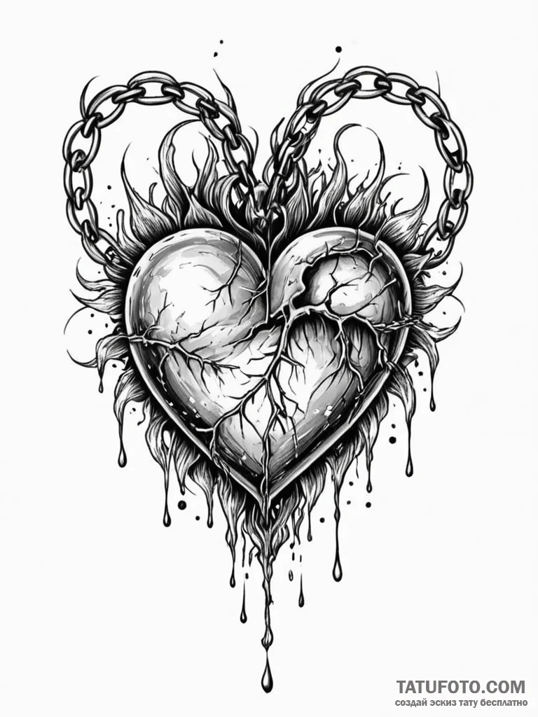 Apocalyptic chains around burning heart, tatt... - эскиз тату (№1751705363_0, 05.07.2025 08:49) — Tatufoto.com