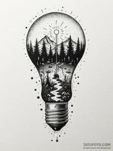 A lightbulb containing a tiny ecosystem, ink... - эскиз тату (№1751705702_0, 05.07.2025 08:55) — Tatufoto.com