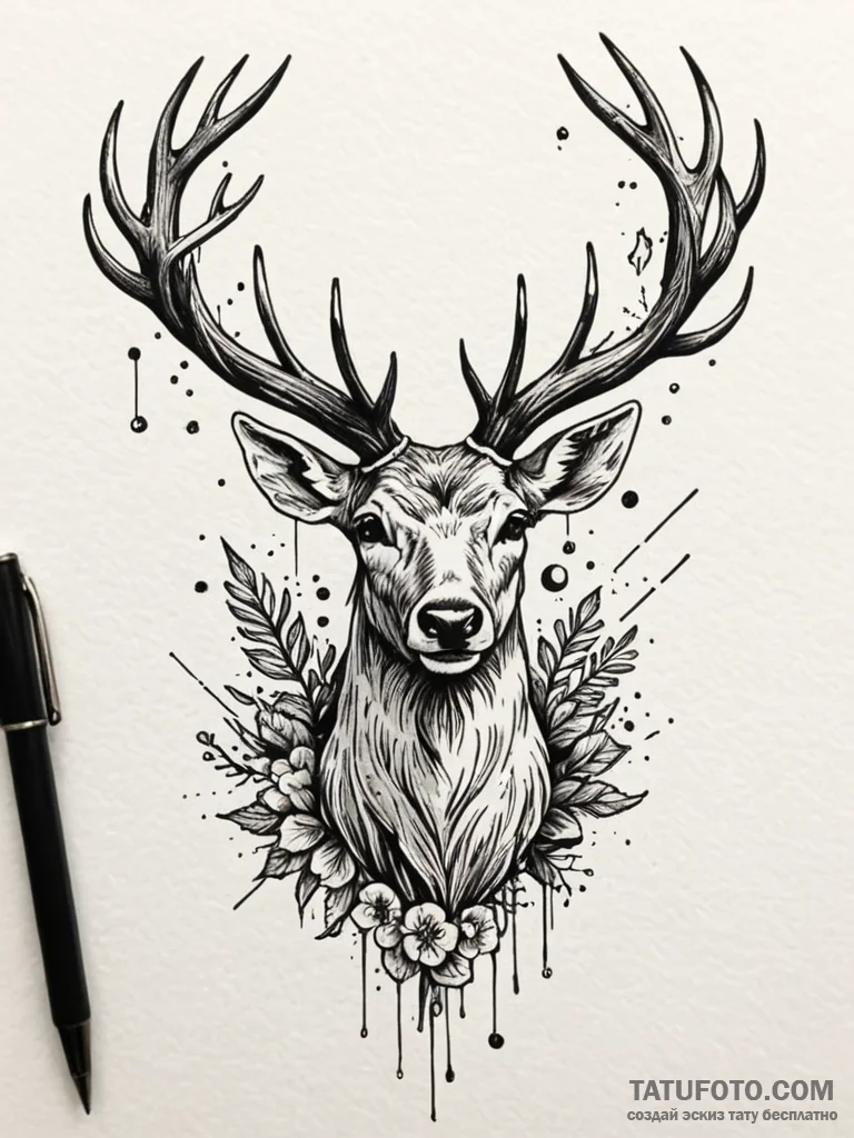 Ethereal stag under shattered sky, tattoo fla... - эскиз тату (№1751706823_0, 05.07.2025 09:13) — Tatufoto.com