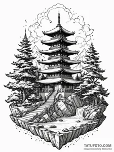 Pagoda temple on a floating island, ink illus... - эскиз тату (№1751706991_0, 05.07.2025 09:16) — Tatufoto.com