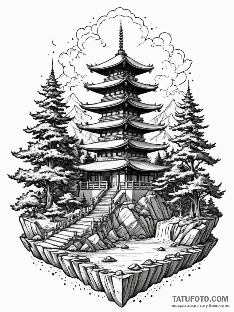 Pagoda temple on a floating island, ink illus... - эскиз тату (№1751706991_0, 05.07.2025 09:16) — Tatufoto.com