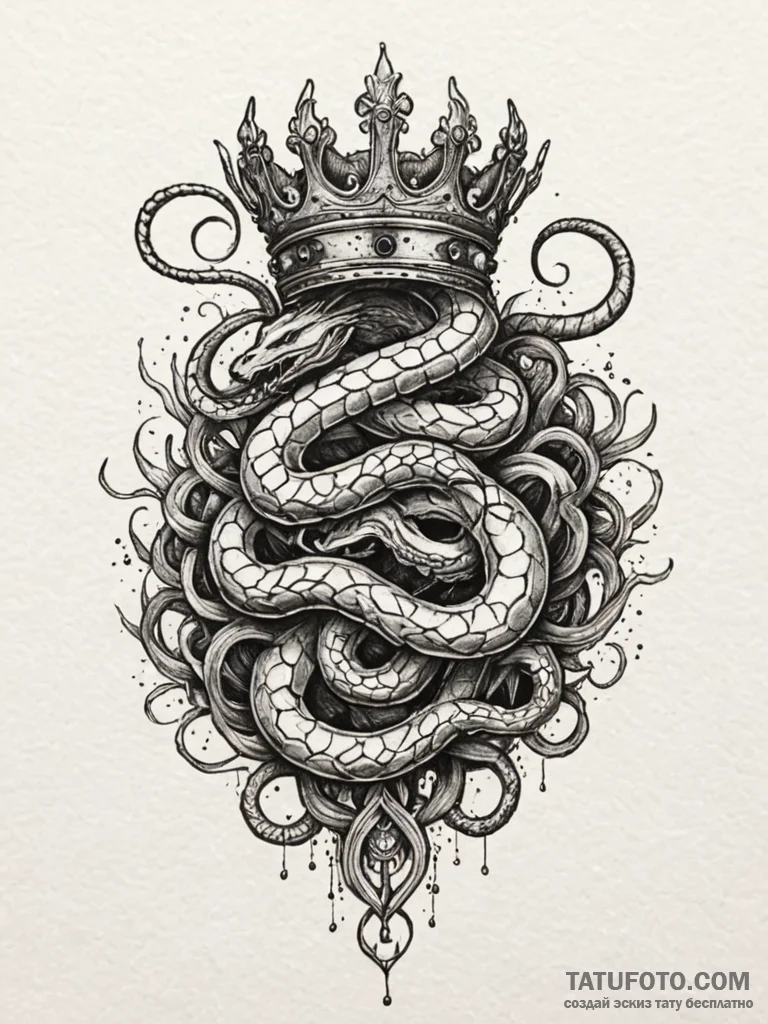 Nest of serpents devouring crown, tattoo line... - эскиз тату (№1751707285_0, 05.07.2025 09:21) — Tatufoto.com