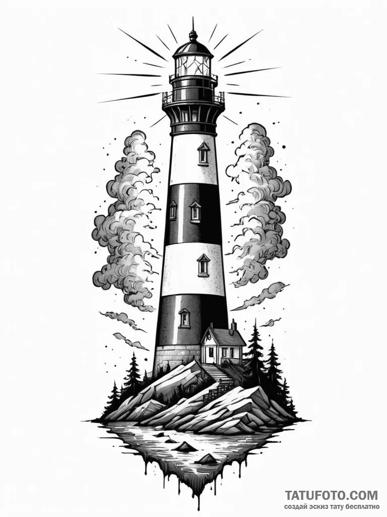 Lighthouse beam cutting through a dense fog,... - эскиз тату (№1751707624_0, 05.07.2025 09:27) — Tatufoto.com