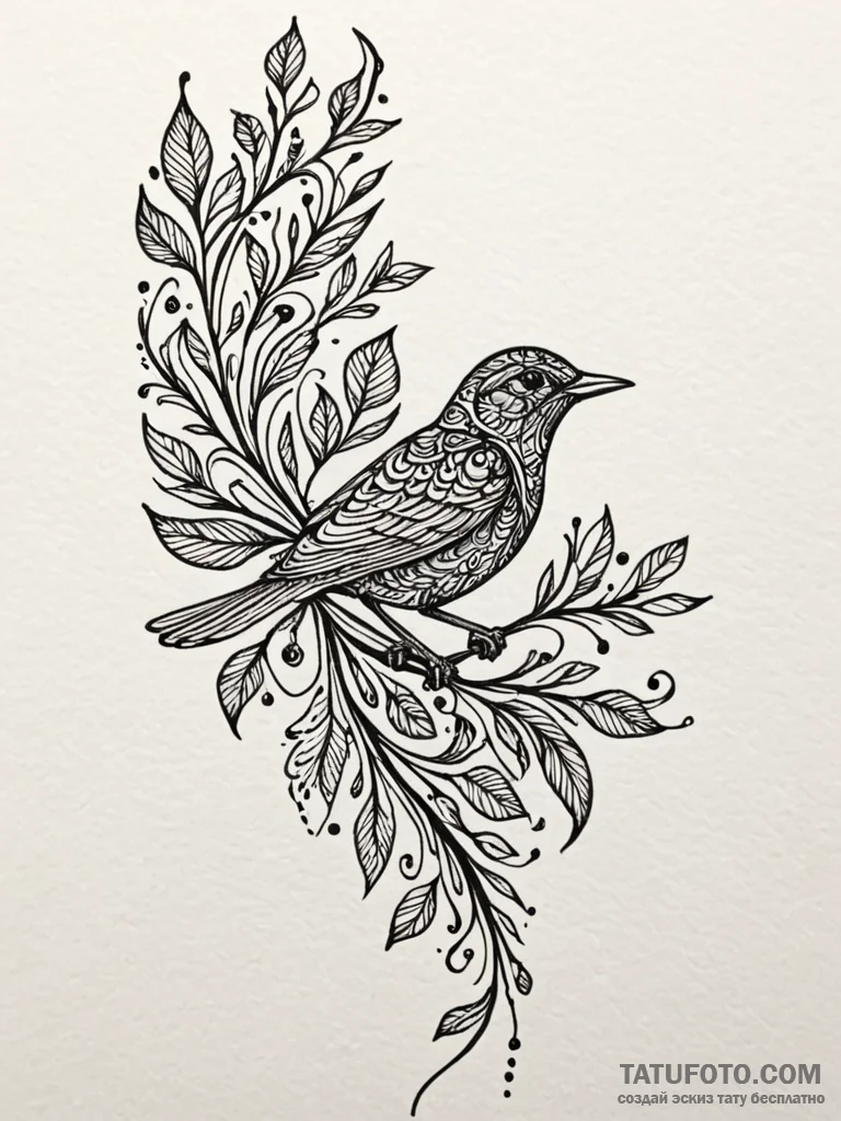A whimsical bird on a branch silhouetted, gra... - эскиз тату (№1751707711_0, 05.07.2025 09:28) — Tatufoto.com