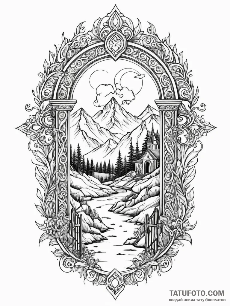 Ashen gate shrouded in mist, concept art for... - эскиз тату (№1751707796_0, 05.07.2025 09:29) — Tatufoto.com