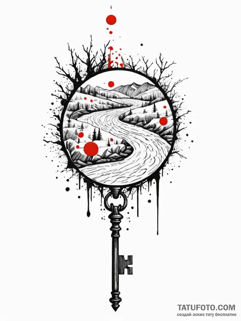 Engraved key beneath frozen river, artistic t... - эскиз тату (№1751708053_0, 05.07.2025 09:34) — Tatufoto.com