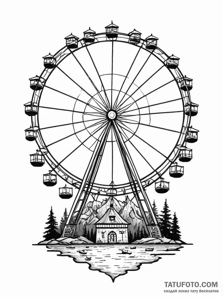 Ferris wheel, tattoo flash sheet design, fine... - эскиз тату (№1751708222_0, 05.07.2025 09:37) — Tatufoto.com