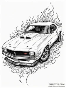 Heavily modified muscle car, roaring and spit... - эскиз тату (№1751709522_0, 05.07.2025 09:58) — Tatufoto.com