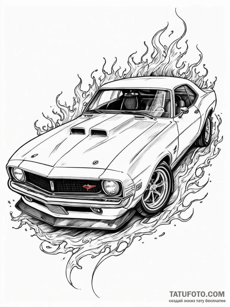 Heavily modified muscle car, roaring and spit... - эскиз тату (№1751709522_0, 05.07.2025 09:58) — Tatufoto.com