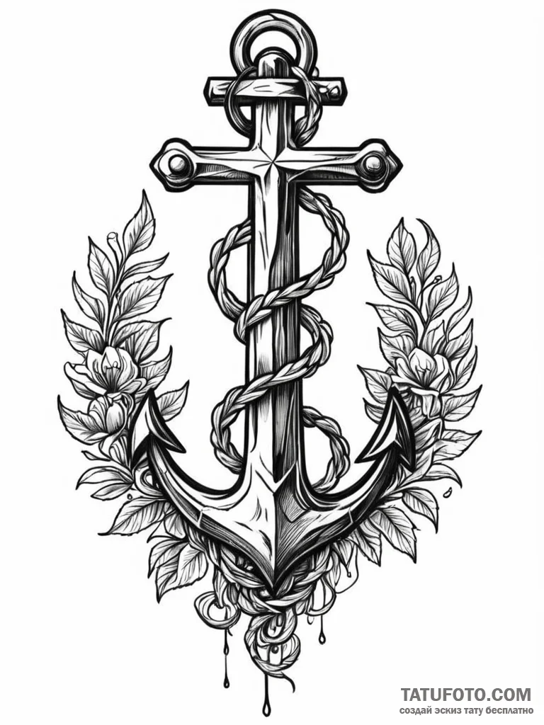 Ancient anchor tangled in vines, ink illustra... - эскиз тату (№1751709615_0, 05.07.2025 10:00) — Tatufoto.com