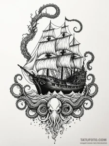 Kraken shadow rising beneath ship, tattoo fla... - эскиз тату (№1751710394_0, 05.07.2025 10:13) — Tatufoto.com