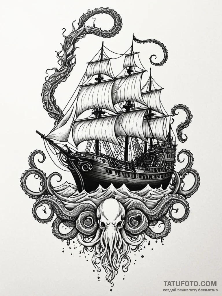 Kraken shadow rising beneath ship, tattoo fla... - эскиз тату (№1751710394_0, 05.07.2025 10:13) — Tatufoto.com