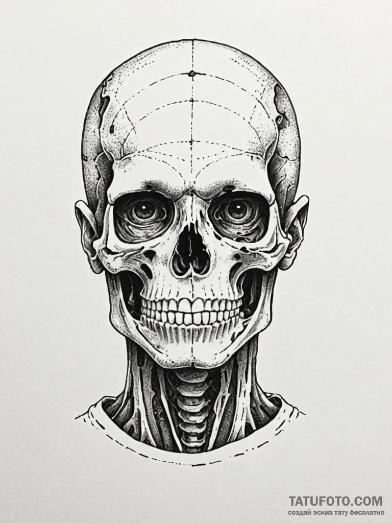 A half-human, half-skeleton face, ink illustr... - эскиз тату (№1751710479_0, 05.07.2025 10:14) — Tatufoto.com
