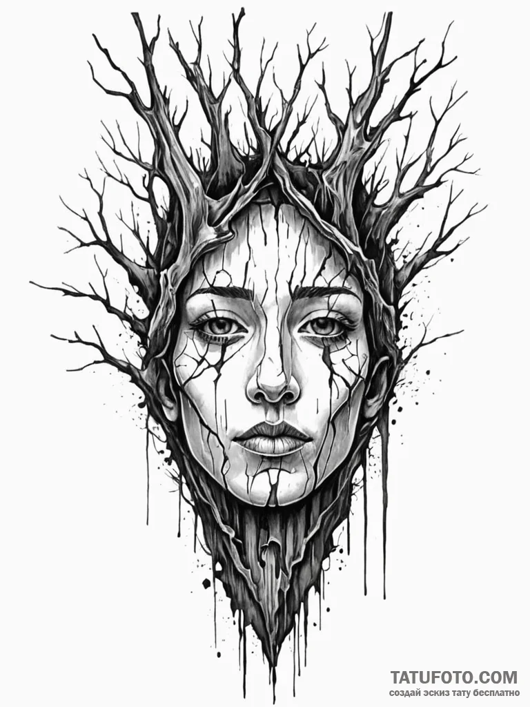 Ancient tree with faces in bark, ink illustra... - эскиз тату (№1751711413_0, 05.07.2025 10:30) — Tatufoto.com