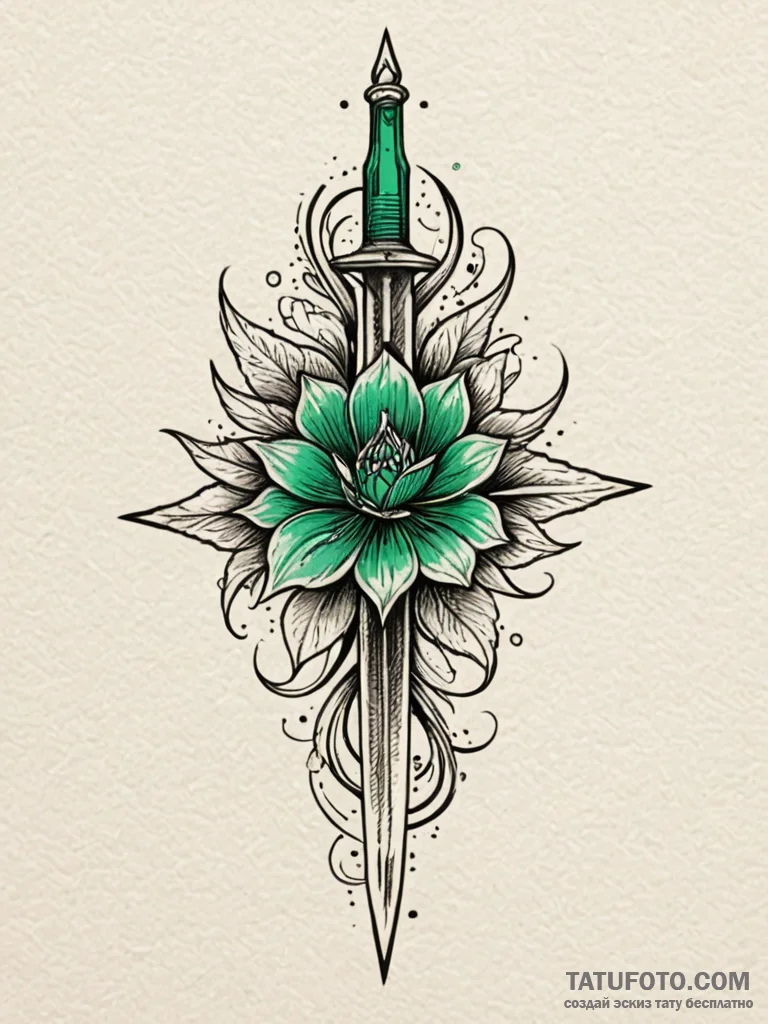 Emerald dagger within shattered bloom, artist... - эскиз тату (№1751711497_0, 05.07.2025 10:31) — Tatufoto.com