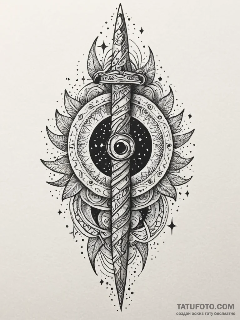 Glyph-carved dagger spiraling through stars,... - эскиз тату (№1751711836_0, 05.07.2025 10:37) — Tatufoto.com