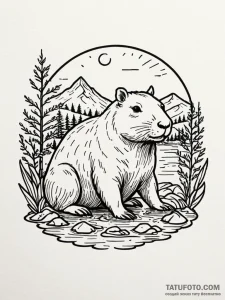 A capybara chilling in a hot spring, ink illu... - эскиз тату (№1751712093_0, 05.07.2025 10:41) — Tatufoto.com