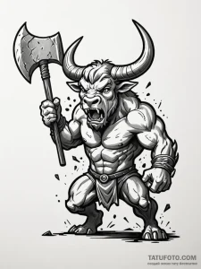 Minotaur roaring, brandishing a massive stone... - эскиз тату (№1751712523_0, 05.07.2025 10:48) — Tatufoto.com