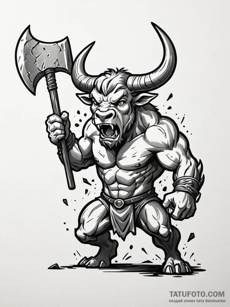 Minotaur roaring, brandishing a massive stone... - эскиз тату (№1751712523_0, 05.07.2025 10:48) — Tatufoto.com