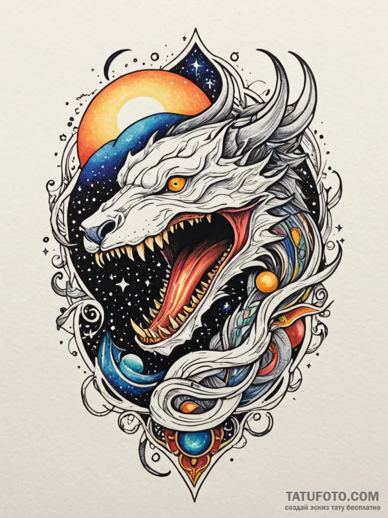 Ivory relic devouring starlight, tattoo line... - эскиз тату (№1751713295_0, 05.07.2025 11:01) — Tatufoto.com