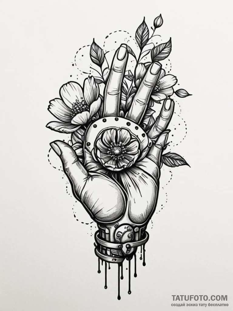Robotic hand holding a real flower, tattoo fl... - эскиз тату (№1751715000_0, 05.07.2025 11:30) — Tatufoto.com