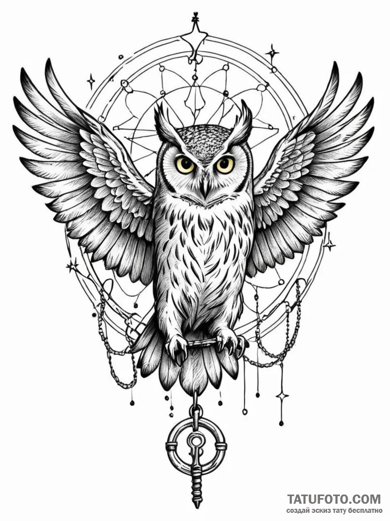 Owl with a key in its talons, wings spread to... - эскиз тату (№1751715940_0, 05.07.2025 11:45) — Tatufoto.com