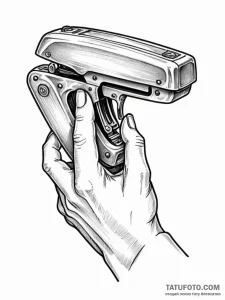 Stapler that is chomping on a human finger, a... - эскиз тату (№1751716113_0, 05.07.2025 11:48) — Tatufoto.com