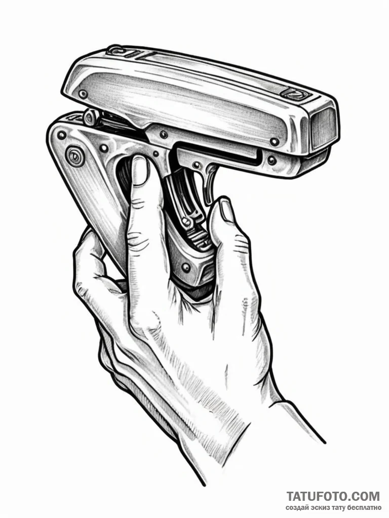 Stapler that is chomping on a human finger, a... - эскиз тату (№1751716113_0, 05.07.2025 11:48) — Tatufoto.com