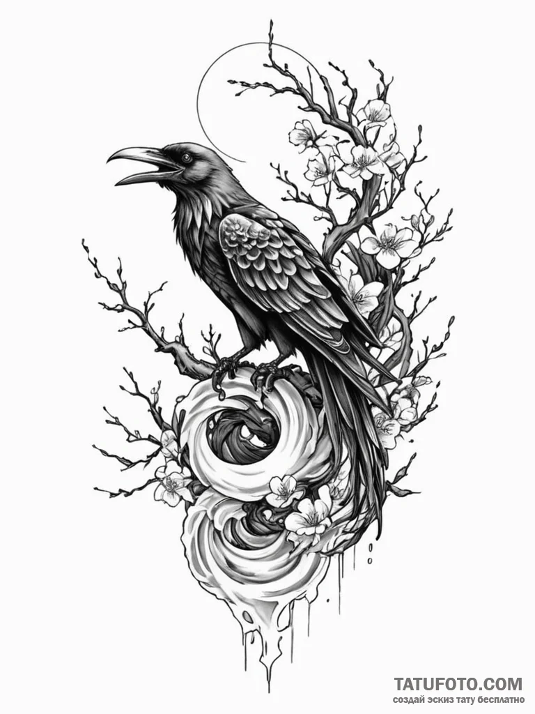 Raven perched upon skeletal hand, artistic ta... - эскиз тату (№1751716620_0, 05.07.2025 11:57) — Tatufoto.com