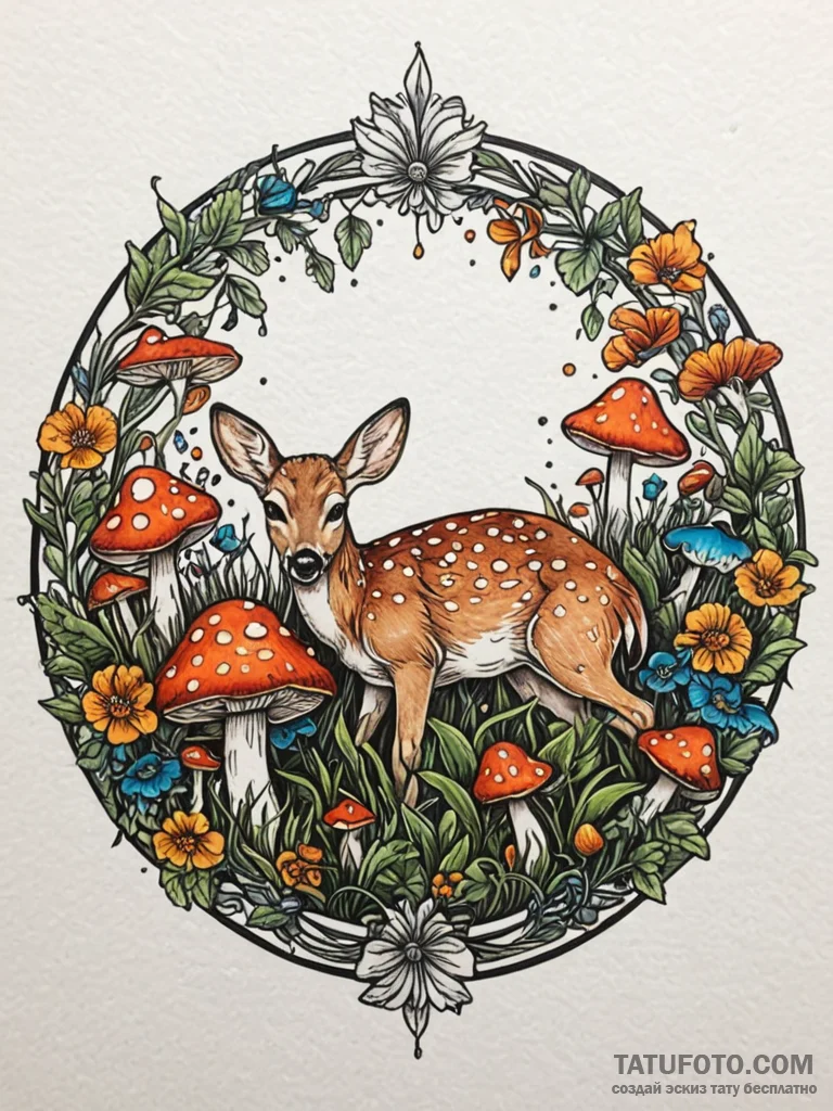 Fawn sleeping in a circle of mushrooms, tatto... - эскиз тату (№1751722076_0, 05.07.2025 13:27) — Tatufoto.com