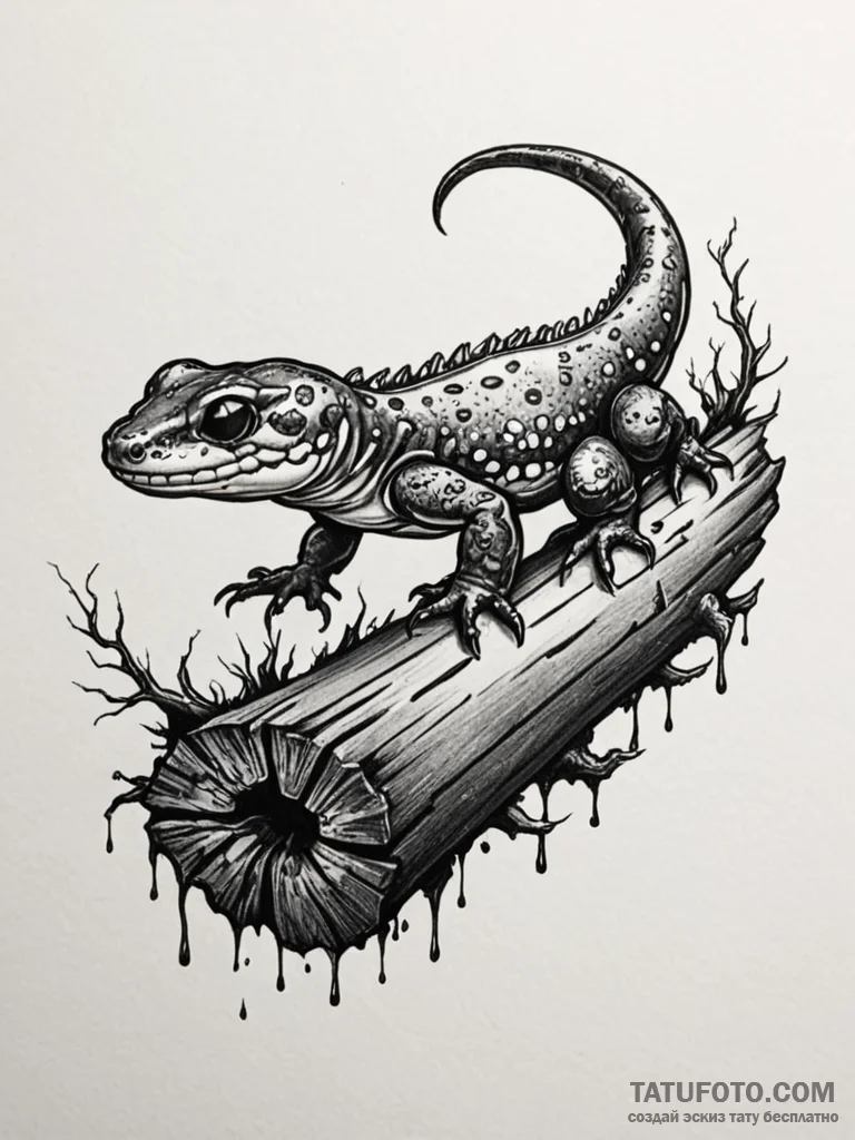 Fiery salamander crawling on a charred log, c... - эскиз тату (№1751722246_0, 05.07.2025 13:30) — Tatufoto.com