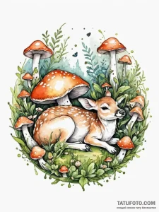Fawn sleeping in a circle of mushrooms, tatto... - эскиз тату (№1751723112_0, 05.07.2025 13:45) — Tatufoto.com