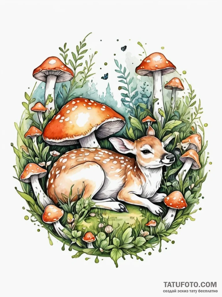 Fawn sleeping in a circle of mushrooms, tatto... - эскиз тату (№1751723112_0, 05.07.2025 13:45) — Tatufoto.com