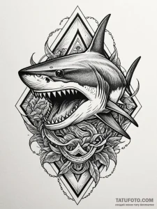 Apex predator shark with jagged teeth, tattoo... - эскиз тату (№1751723542_0, 05.07.2025 13:52) — Tatufoto.com
