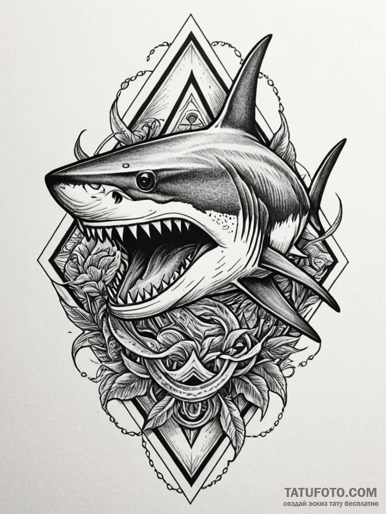 Apex predator shark with jagged teeth, tattoo... - эскиз тату (№1751723542_0, 05.07.2025 13:52) — Tatufoto.com