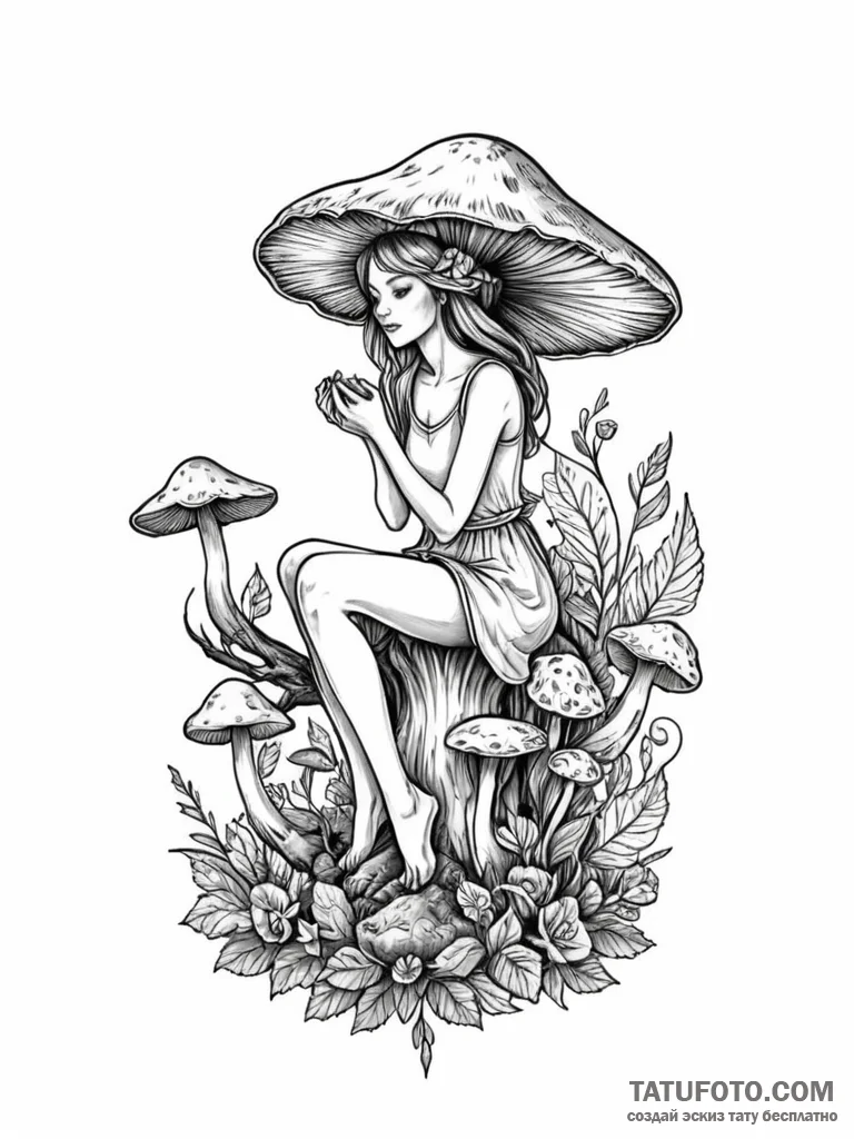 Fairy sitting on a mushroom, tattoo line art,... - эскиз тату (№1751723803_0, 05.07.2025 13:56) — Tatufoto.com