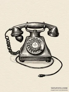 Telephone, old rotary style, cord tangled, in... - эскиз тату (№1751732055_0, 05.07.2025 16:14) — Tatufoto.com