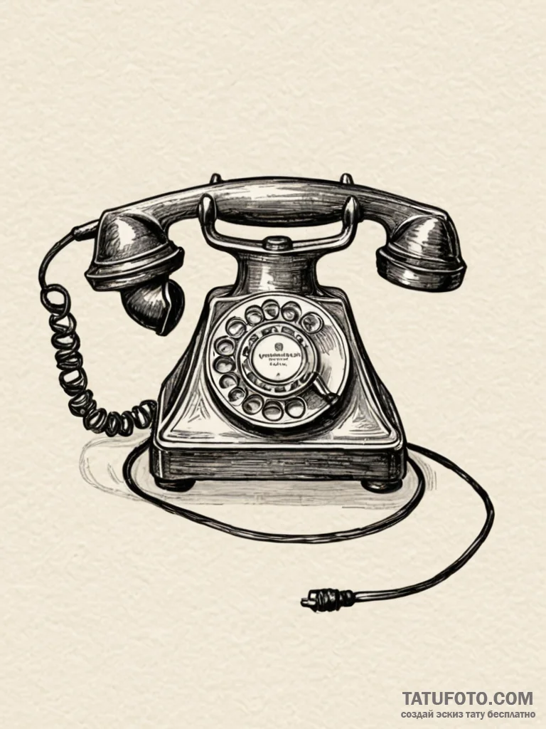 Telephone, old rotary style, cord tangled, in... - эскиз тату (№1751732055_0, 05.07.2025 16:14) — Tatufoto.com