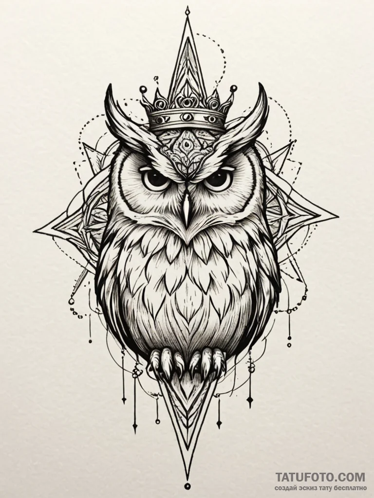 Owl claws crowned in starlight, tattoo flash... - эскиз тату (№1751732140_0, 05.07.2025 16:15) — Tatufoto.com