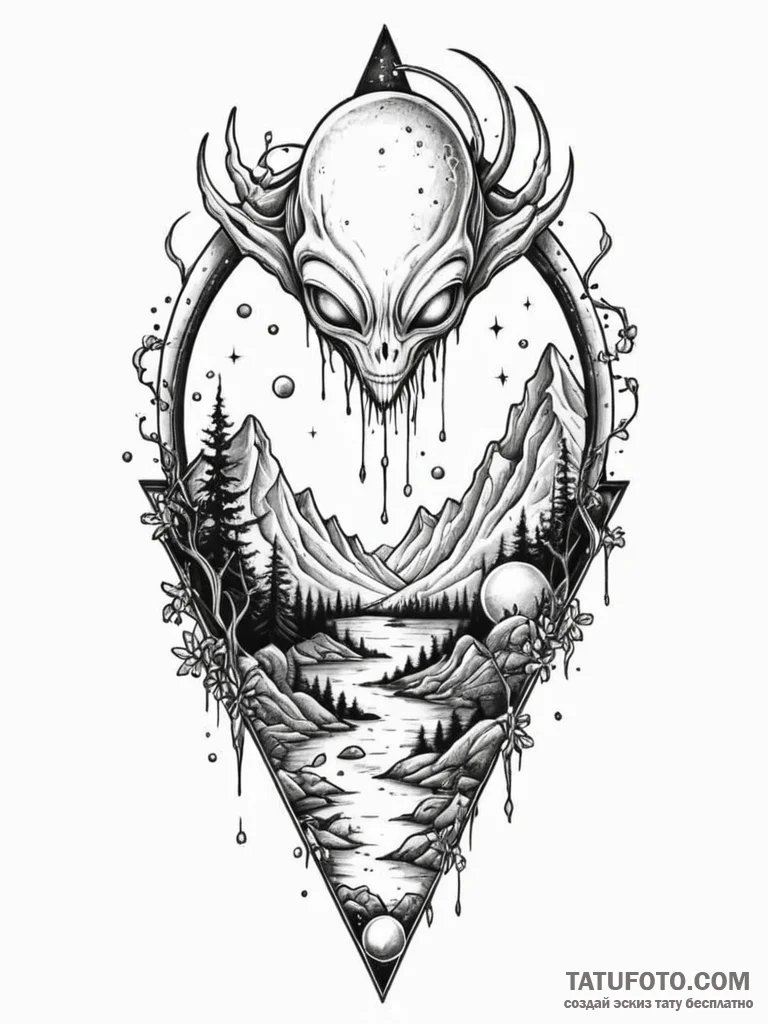 An alien landscape with crystalline flora and... - эскиз тату (№1751732322_0, 05.07.2025 16:18) — Tatufoto.com