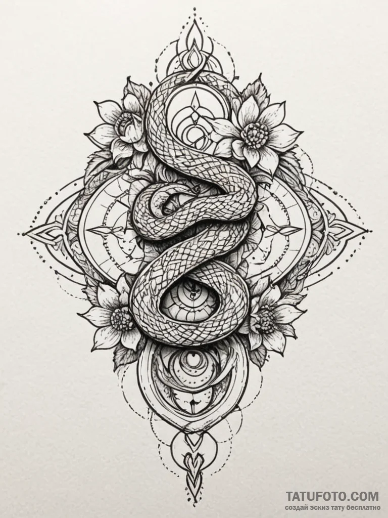 Hidden serpent beneath celestial bloom, tatto... - эскиз тату (№1751732599_0, 05.07.2025 16:23) — Tatufoto.com