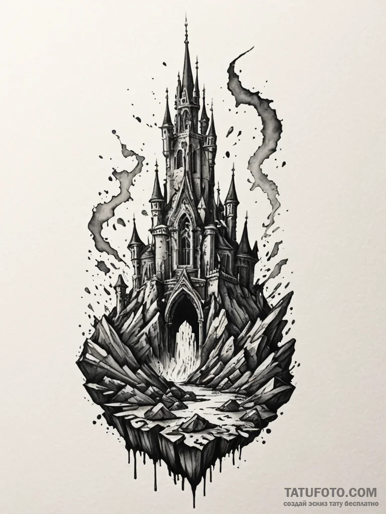 Hidden relic through shattered spire, ink ill... - эскиз тату (№1751732870_0, 05.07.2025 16:27) — Tatufoto.com