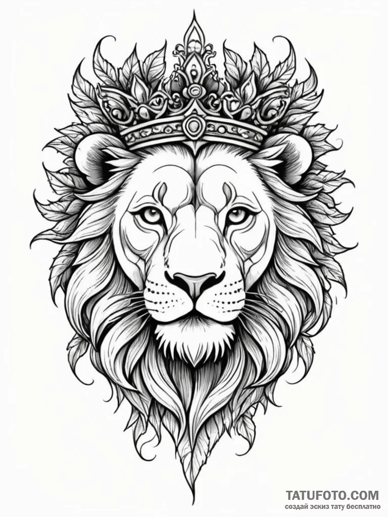 Lion head crowned with ivy, tattoo flash shee... - эскиз тату (№1751732962_0, 05.07.2025 16:29) — Tatufoto.com