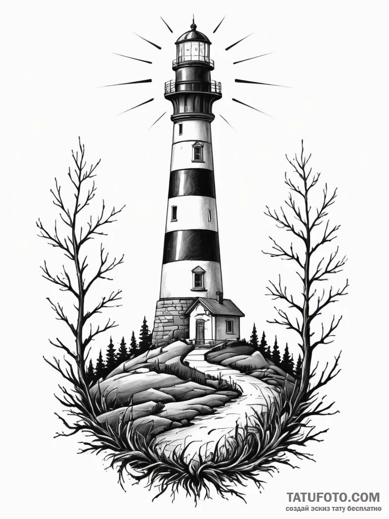 Lighthouse foundation overgrown with roots, a... - эскиз тату (№1751733049_0, 05.07.2025 16:30) — Tatufoto.com