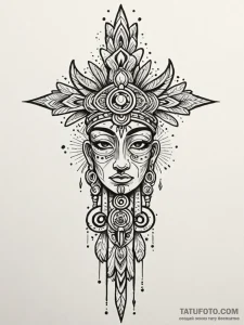 Totem pole crowned in frost, ink illustration... - эскиз тату (№1751733396_0, 05.07.2025 16:36) — Tatufoto.com