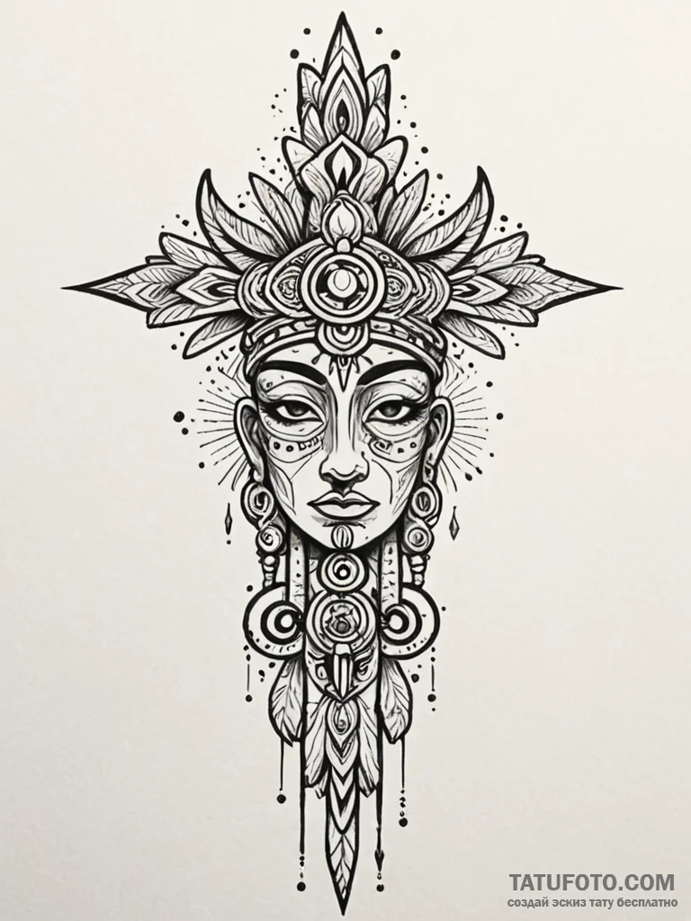 Totem pole crowned in frost, ink illustration... - эскиз тату (№1751733396_0, 05.07.2025 16:36) — Tatufoto.com