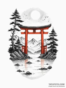 Japanese temple gate (torii) in a sea of fog,... - эскиз тату (№1751734346_0, 05.07.2025 16:52) — Tatufoto.com