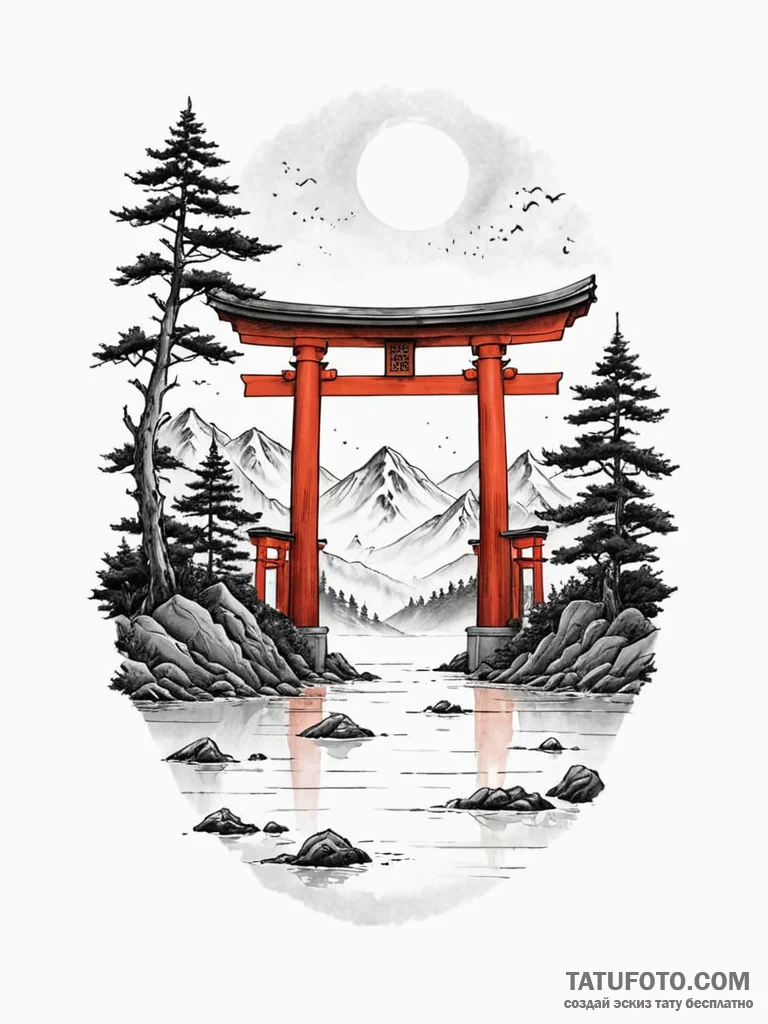 Japanese temple gate (torii) in a sea of fog,... - эскиз тату (№1751734346_0, 05.07.2025 16:52) — Tatufoto.com